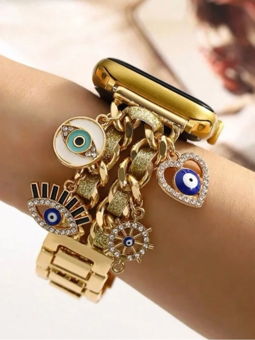 Gold Charm Bracelet Watch Band with Blue Evil Eye Charms 38-49mm